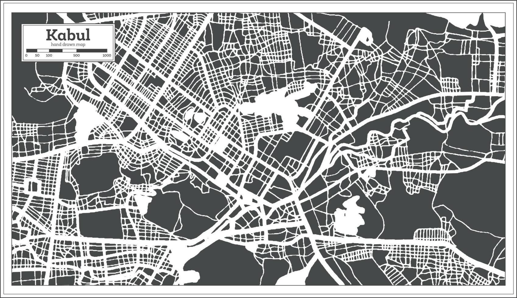 carte de la ville de kaboul afghanistan en noir et blanc dans un style rétro. carte muette. vecteur