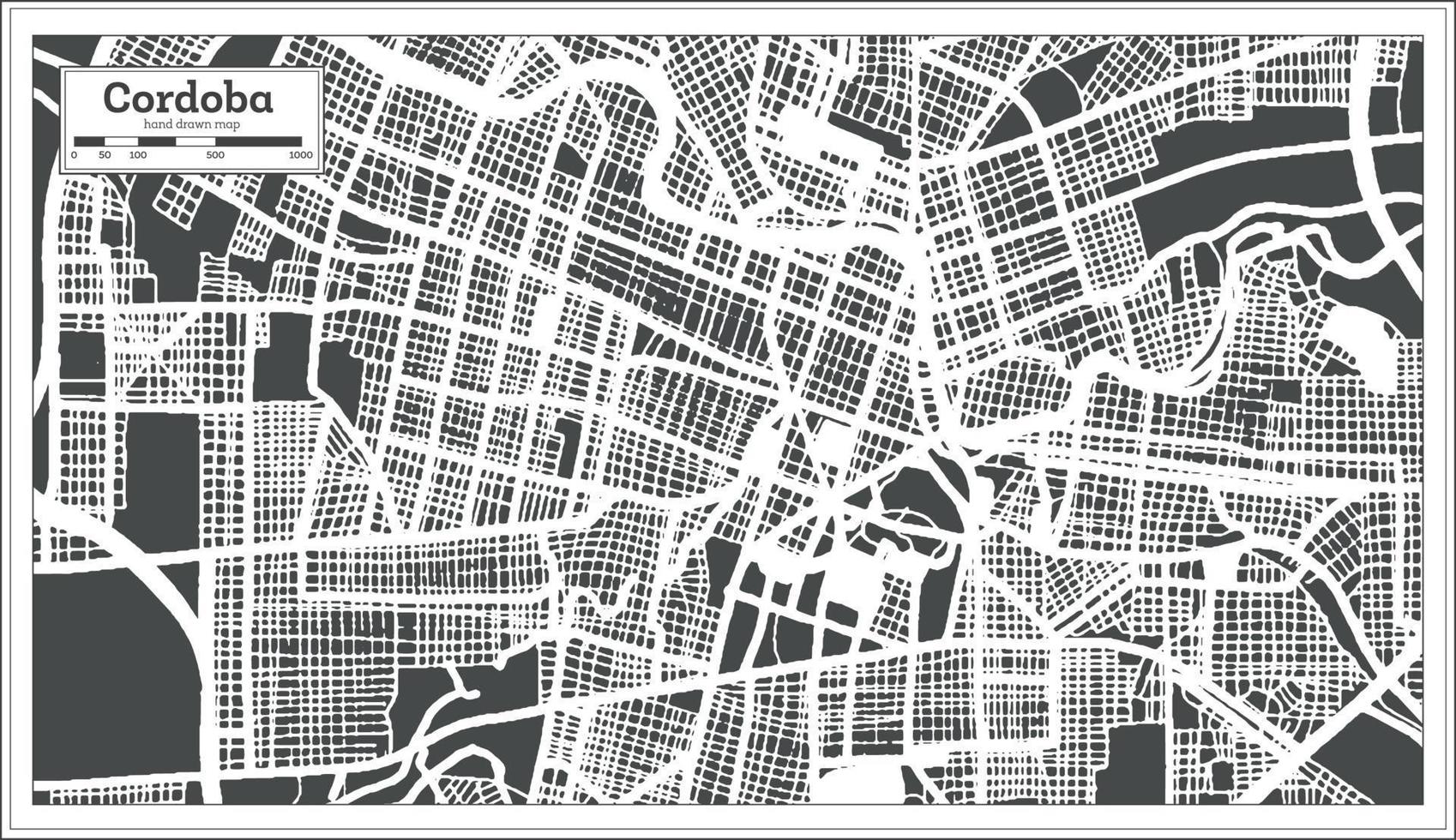 carte de la ville de cordoue argentine en noir et blanc dans un style rétro. carte muette. vecteur