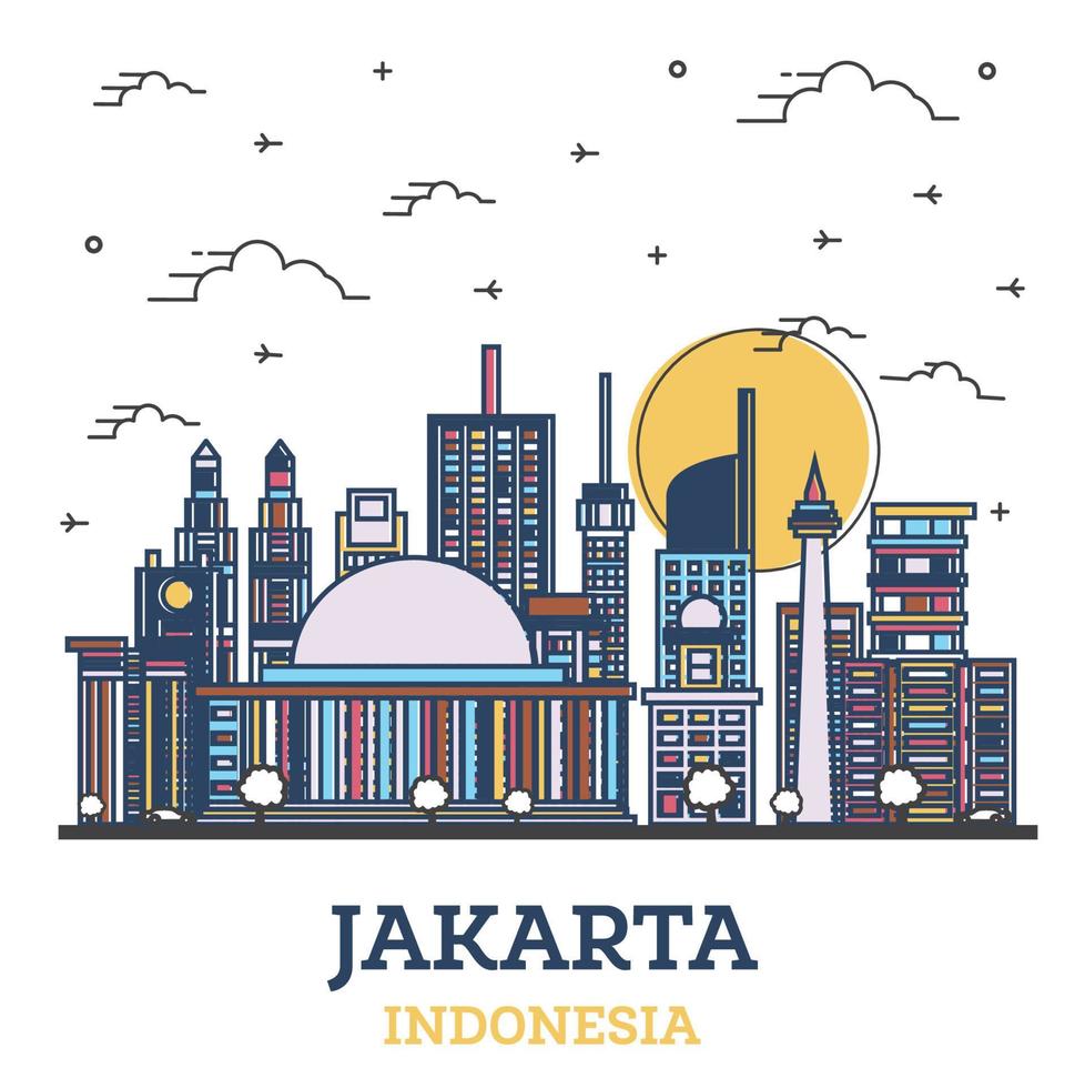Décrire les toits de la ville de Jakarta en Indonésie avec des bâtiments modernes colorés isolés sur blanc. vecteur