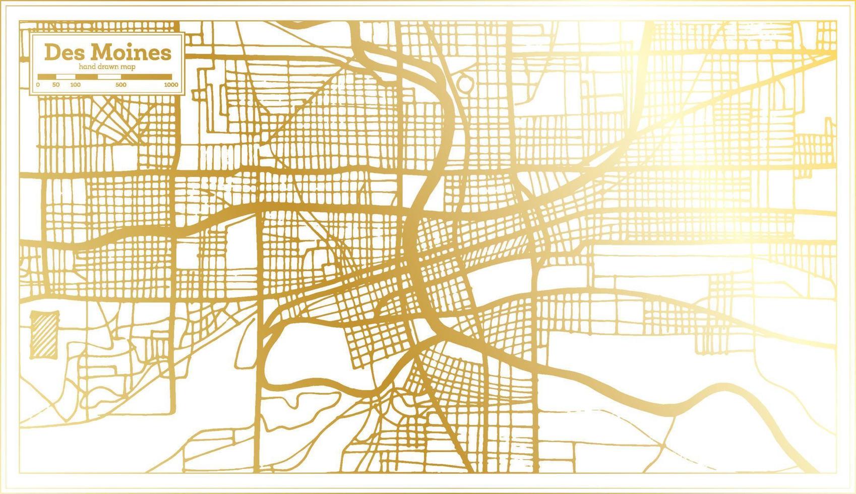 plan de la ville des usa des moines dans un style rétro de couleur dorée. carte muette. vecteur