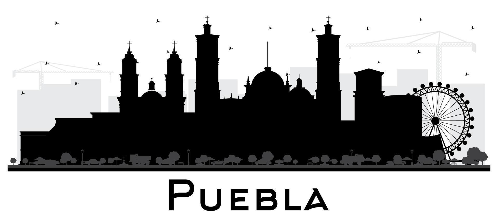 puebla mexico silhouette d'horizon de la ville avec des bâtiments noirs isolés sur blanc. vecteur