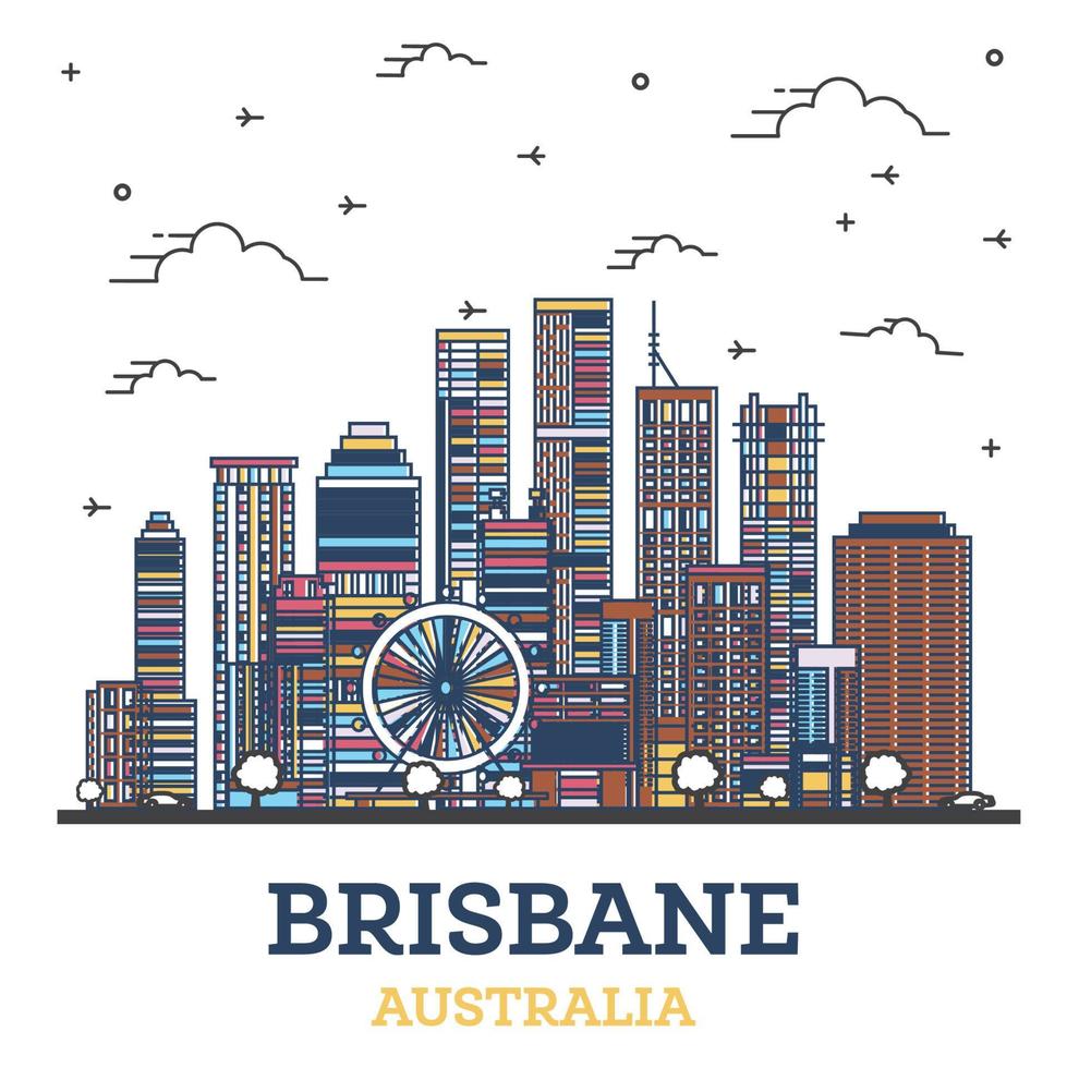 Décrire les toits de la ville de Brisbane Australie avec des bâtiments modernes colorés isolés sur blanc. vecteur