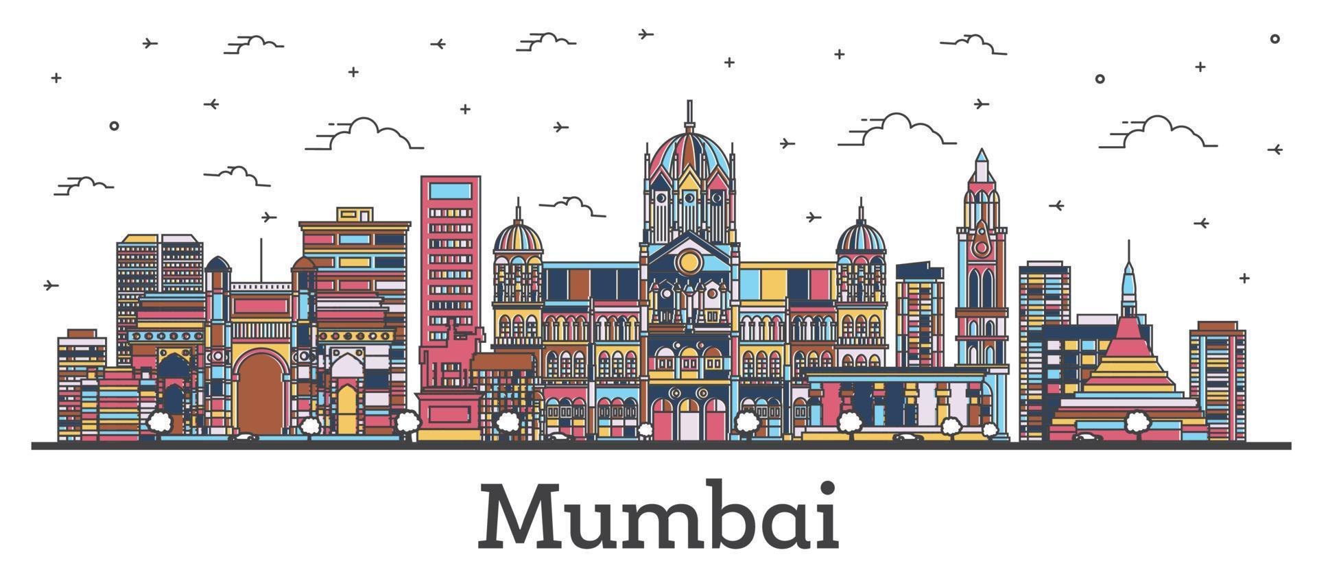Décrire les toits de la ville de mumbai en Inde avec des bâtiments de couleur isolés sur blanc. vecteur