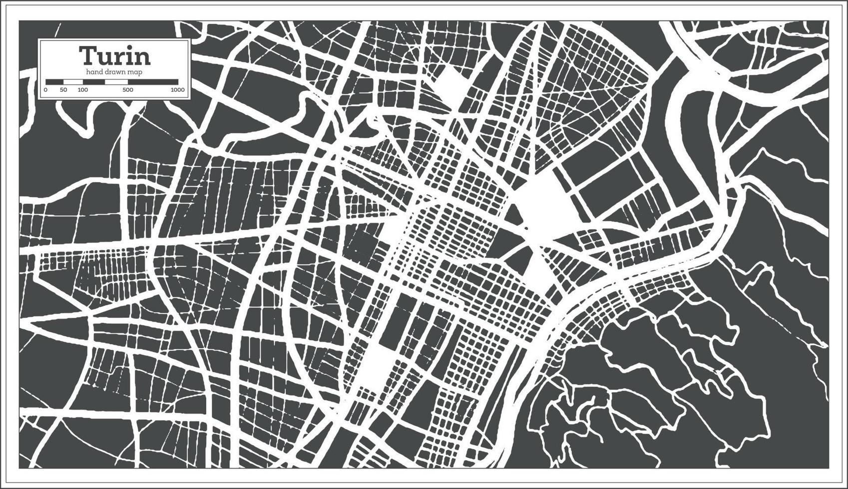 carte de la ville de turin italie en noir et blanc dans un style rétro. carte muette. vecteur