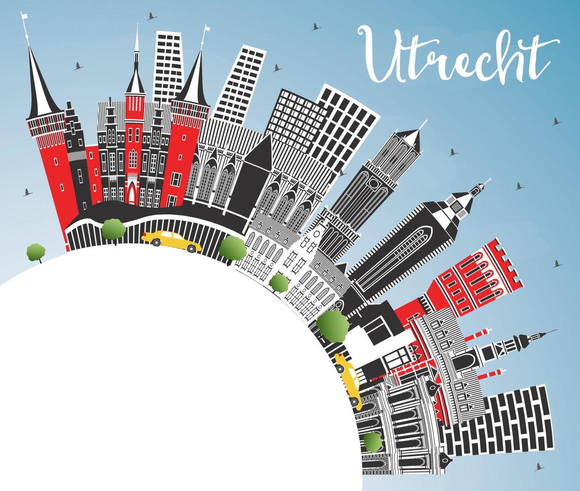 toits de la ville d'utrecht pays-bas avec des bâtiments de couleur, un ciel bleu et un espace de copie. vecteur