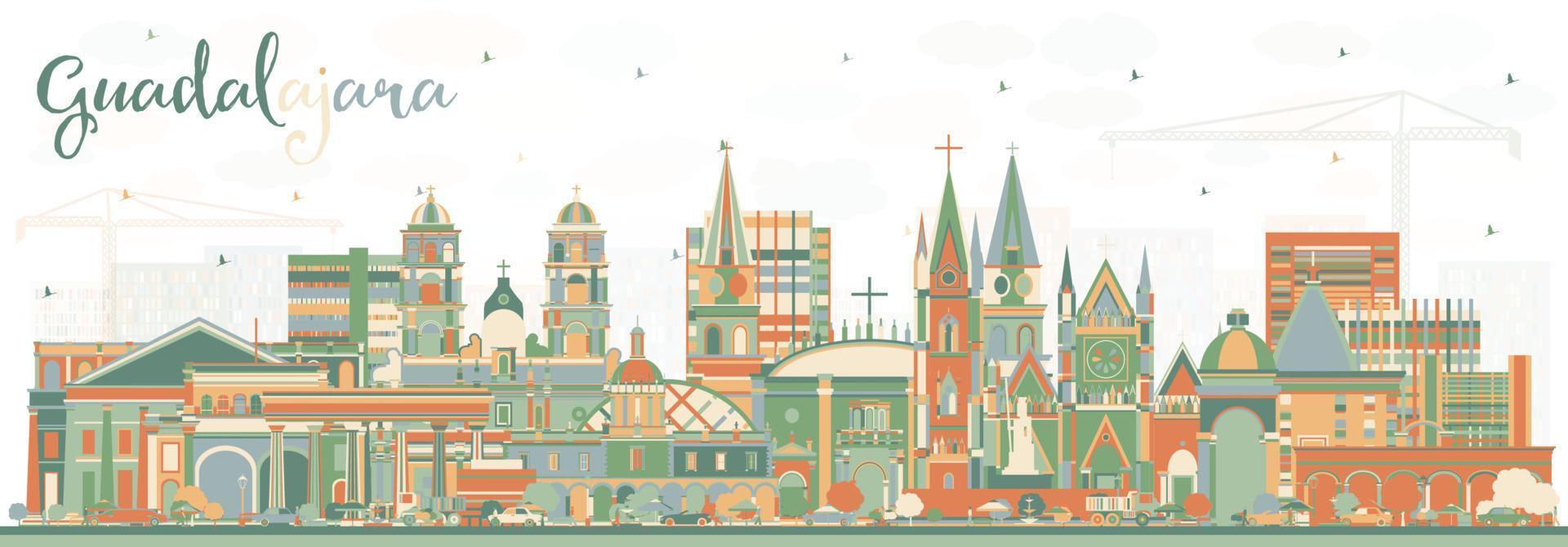 horizon de la ville de guadalajara au mexique avec des bâtiments de couleur. vecteur