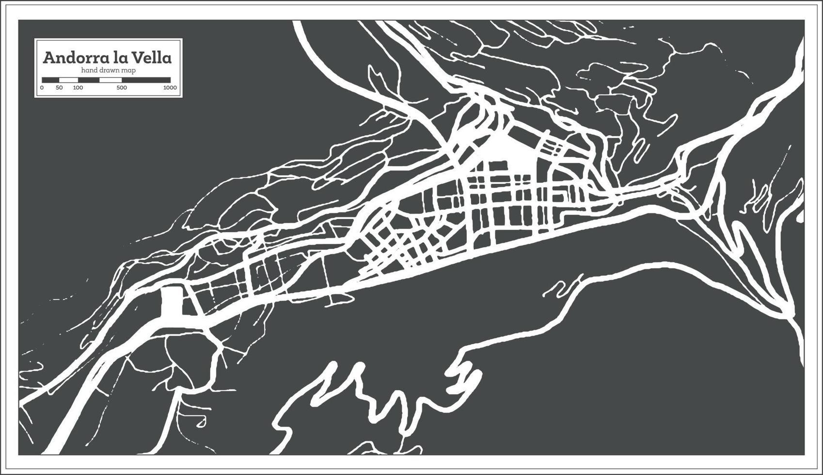 plan de la ville d'andorre-la-vieille en couleur noir et blanc dans un style rétro. carte muette. vecteur