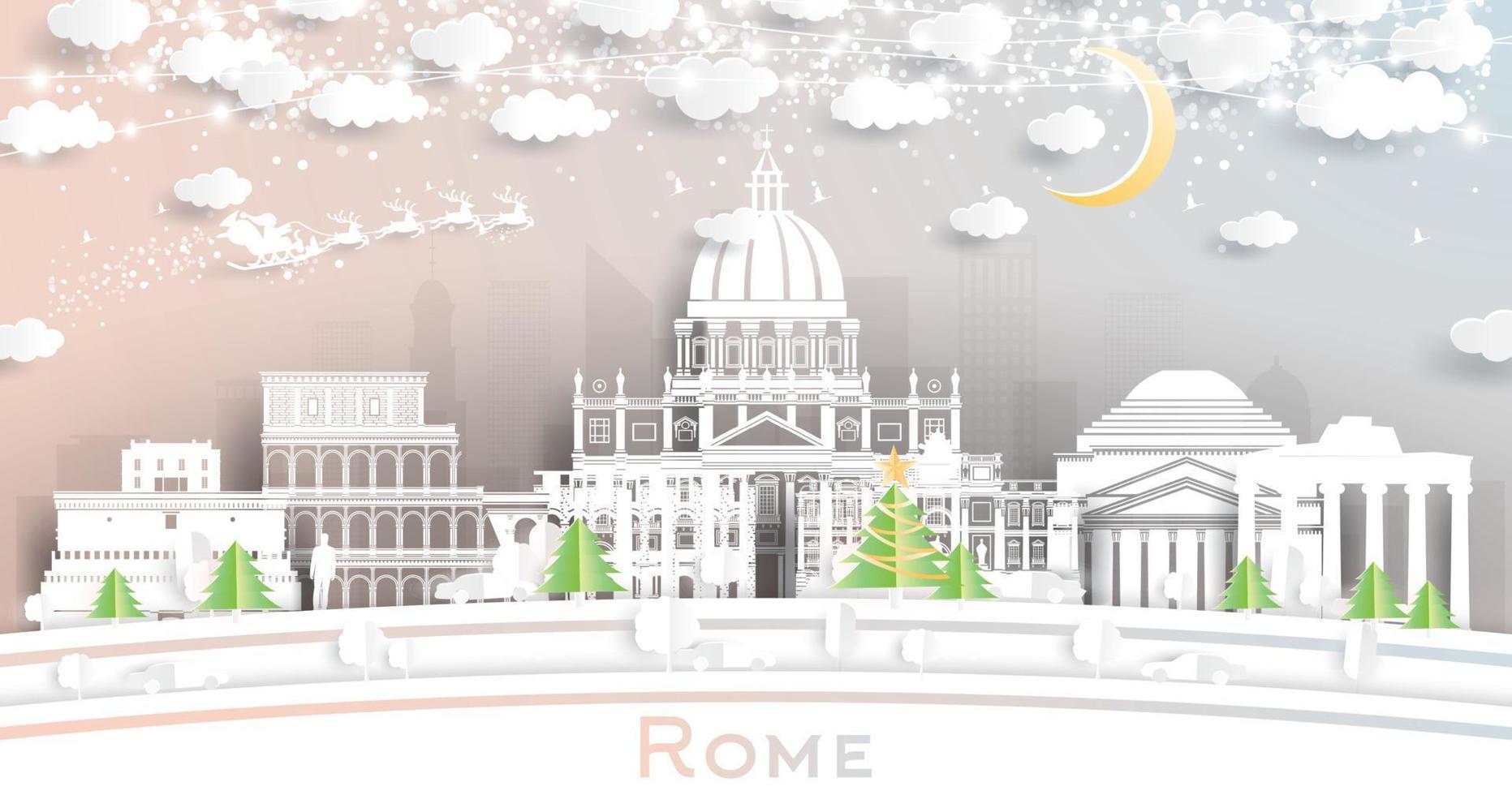 toits de la ville de rome italie en papier découpé avec des flocons de neige, de la lune et des guirlandes de néons. vecteur