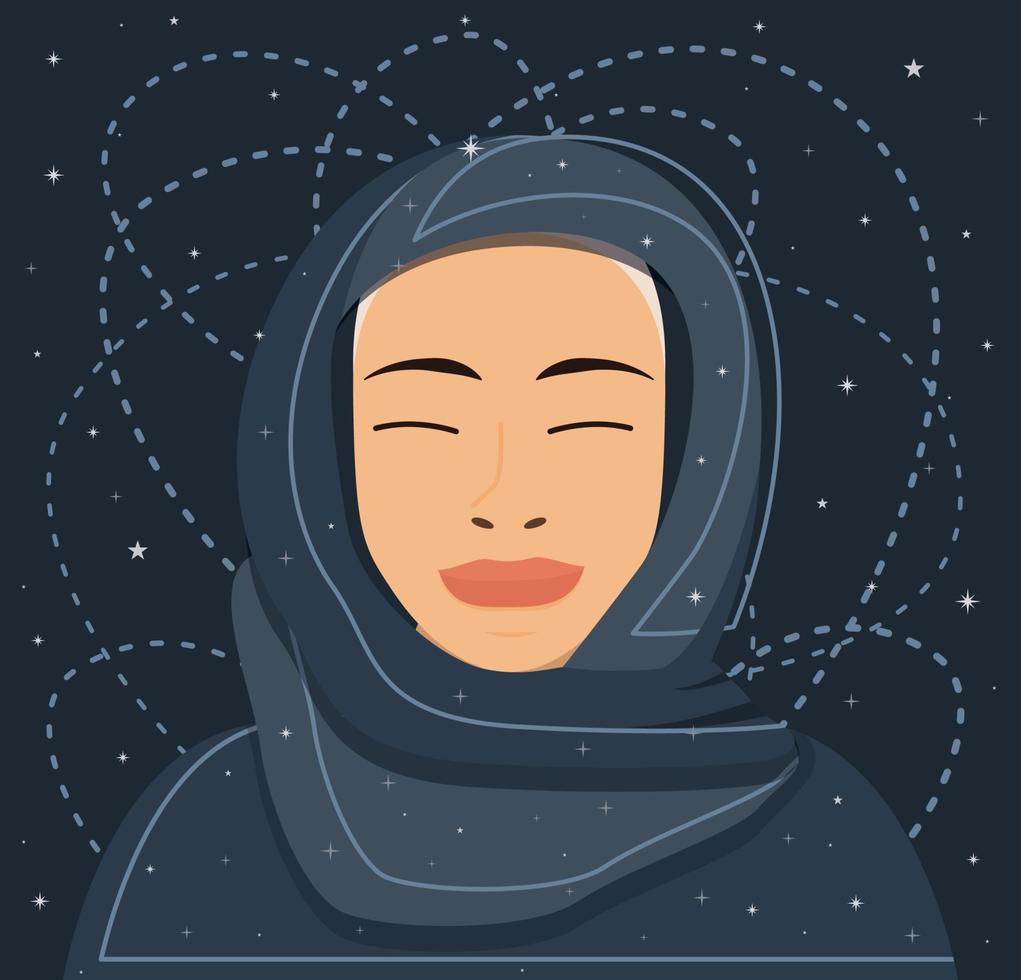 portrait d'une jeune femme musulmane mystique en hijab dans le cosmos. illustration vectorielle. portrait de l'espace. vecteur