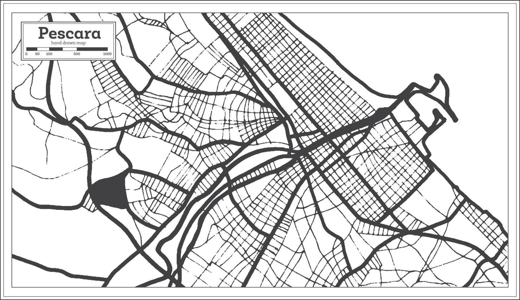 carte de la ville de pescara italie en noir et blanc dans un style rétro. carte muette. vecteur