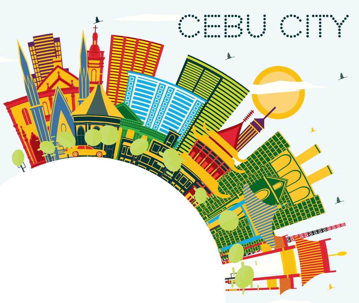 horizon de la ville de cebu aux philippines avec des bâtiments de couleur, un ciel bleu et un espace de copie. vecteur