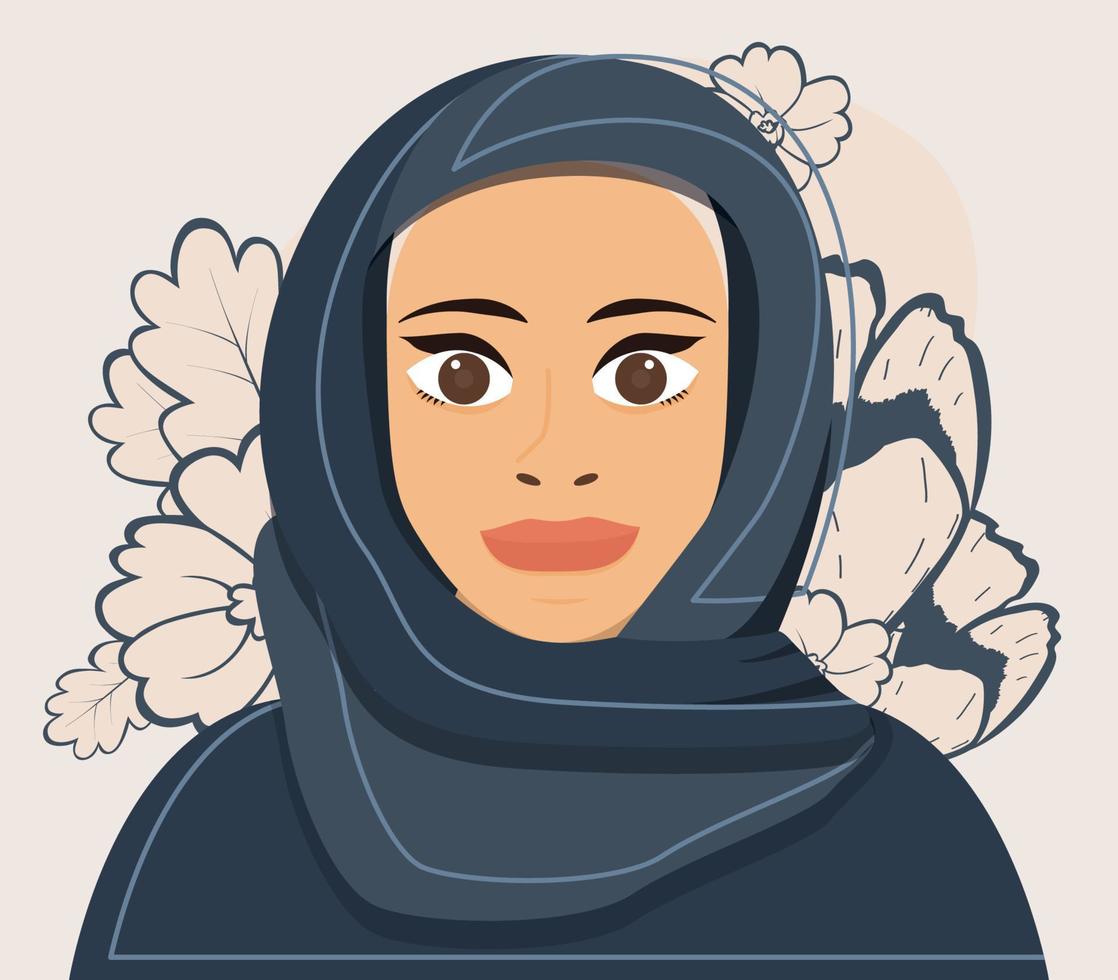 portrait d'une jeune femme musulmane en hijab. fleurs sur fond. vecteur