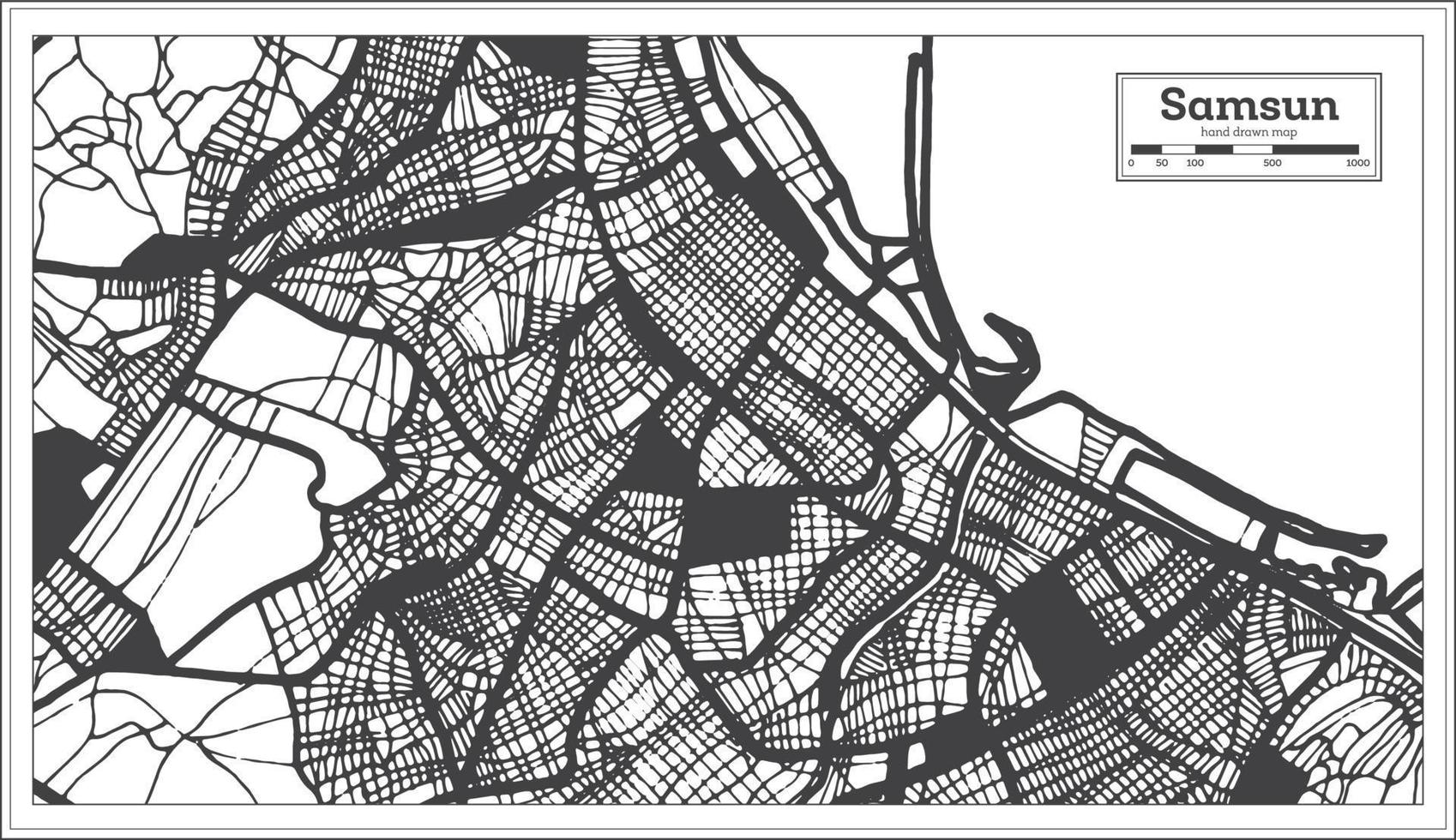 carte de la ville de turquie samsun en noir et blanc dans un style rétro. carte muette. vecteur