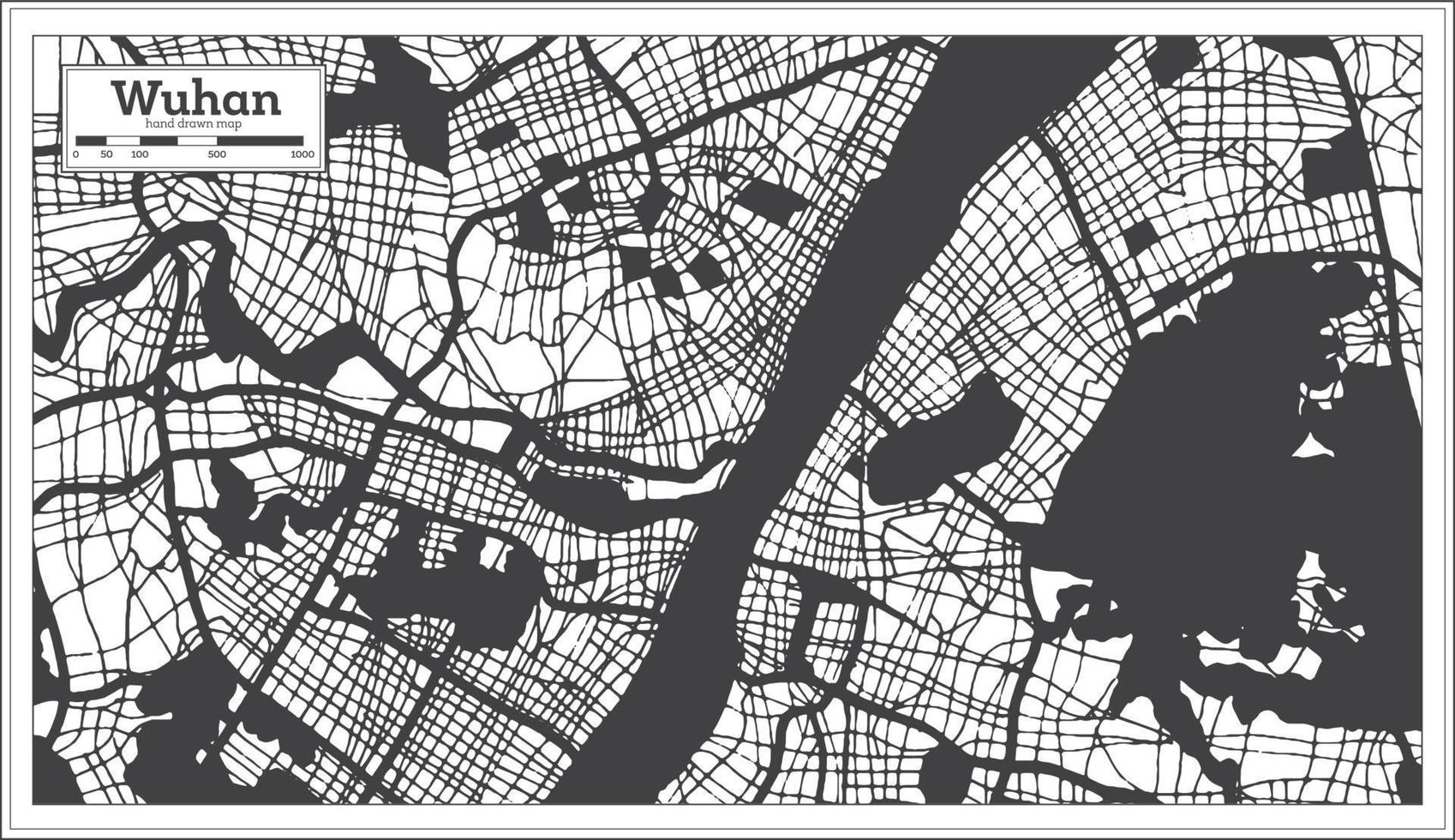 plan de la ville de wuhan en chine en noir et blanc dans un style rétro. carte muette. vecteur