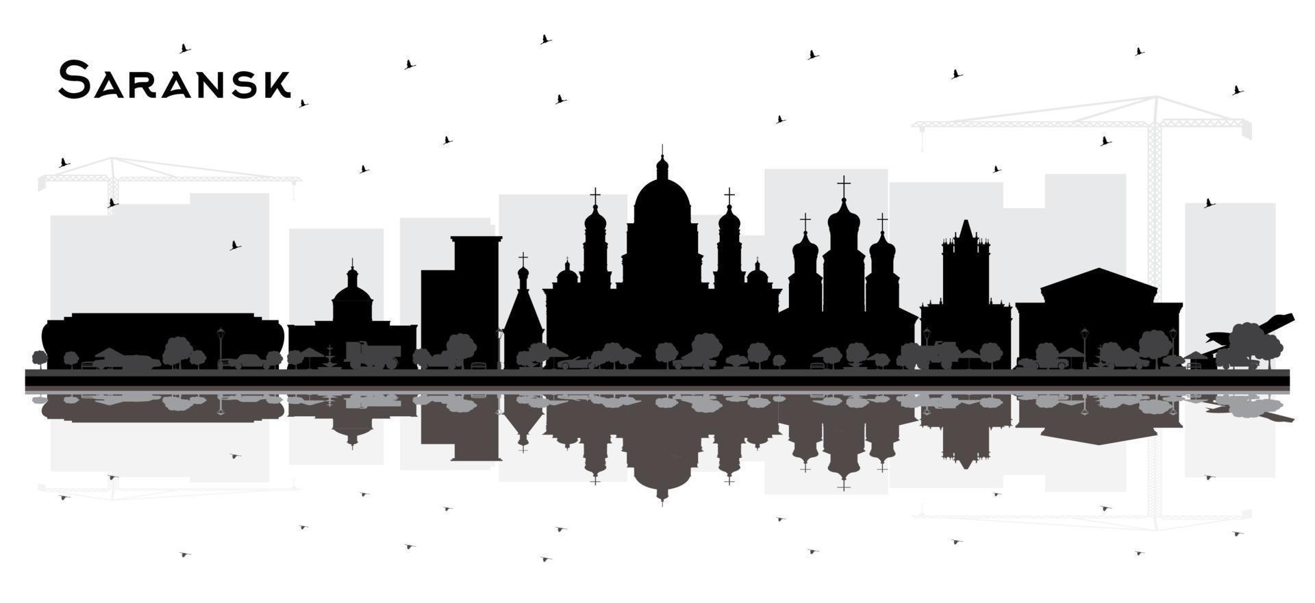 saransk russie silhouette d'horizon de la ville avec des bâtiments noirs et des reflets isolés sur blanc. vecteur