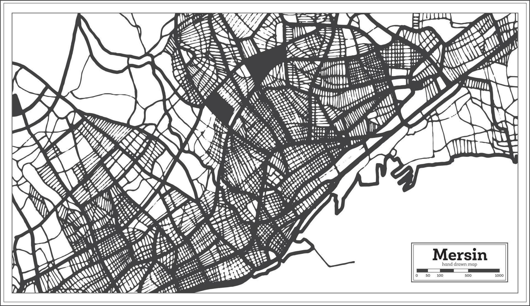 carte de la ville de mersin turquie en noir et blanc dans un style rétro. carte muette. vecteur