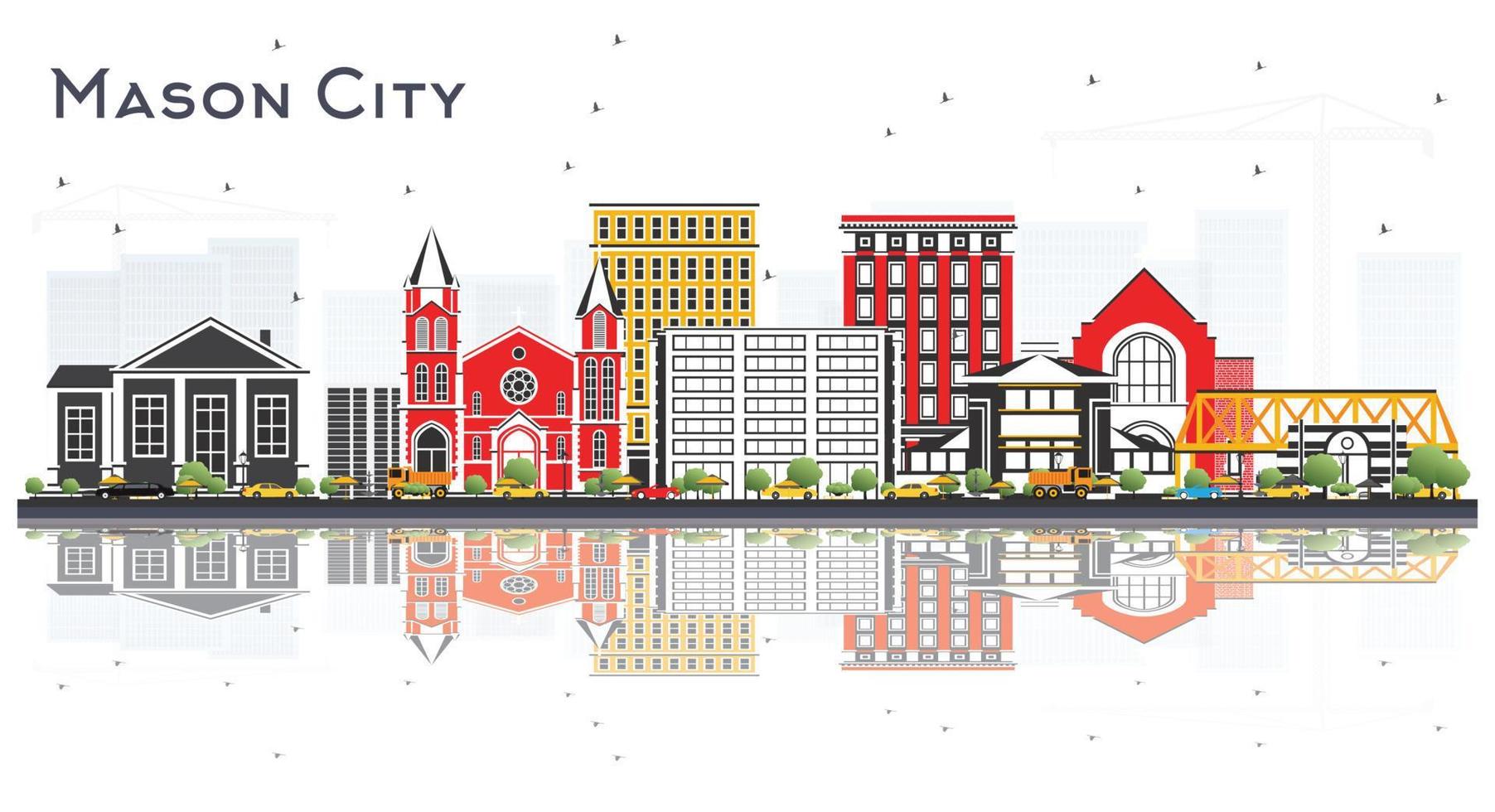 mason city iowa skyline avec des bâtiments de couleur et des reflets isolés sur blanc. vecteur