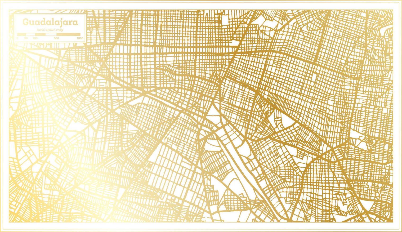 plan de la ville de guadalajara au mexique dans un style rétro de couleur dorée. carte muette. vecteur