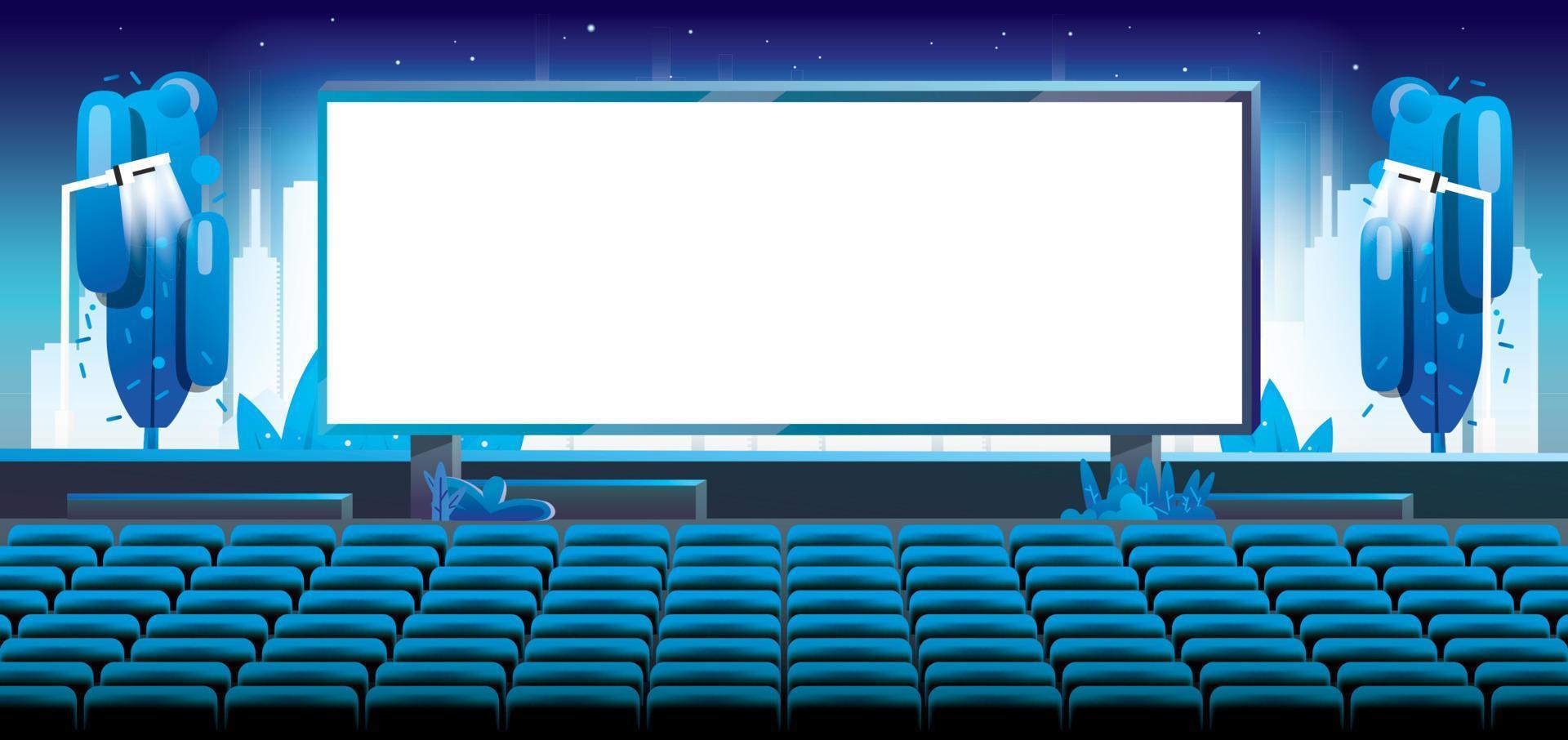 cinéma en plein air en ville. grand écran lumineux devant des chaises vides. vecteur