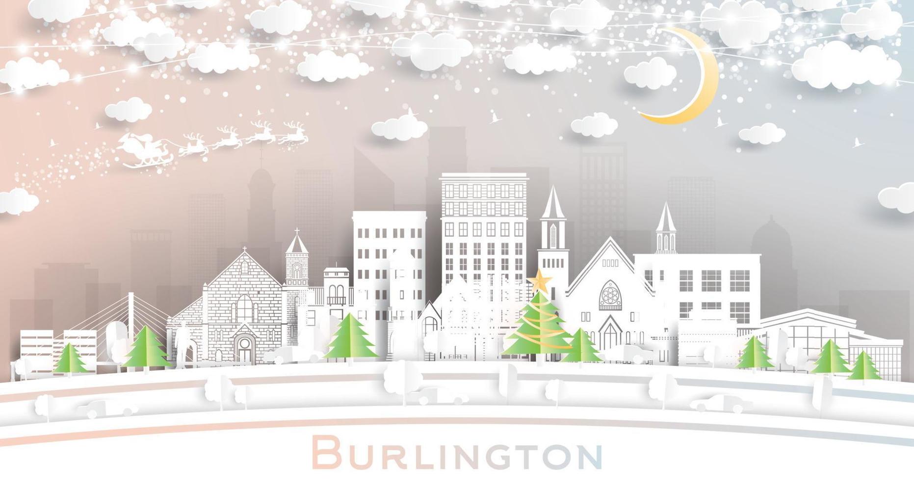 horizon de la ville de burlington iowa dans un style papier découpé avec des flocons de neige, une lune et une guirlande de néons. vecteur
