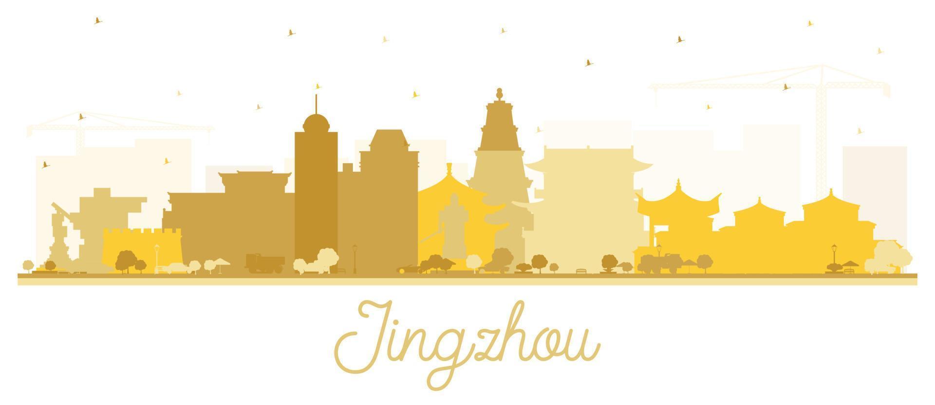 jingzhou chine silhouette d'horizon de la ville avec des bâtiments dorés isolés sur blanc. vecteur