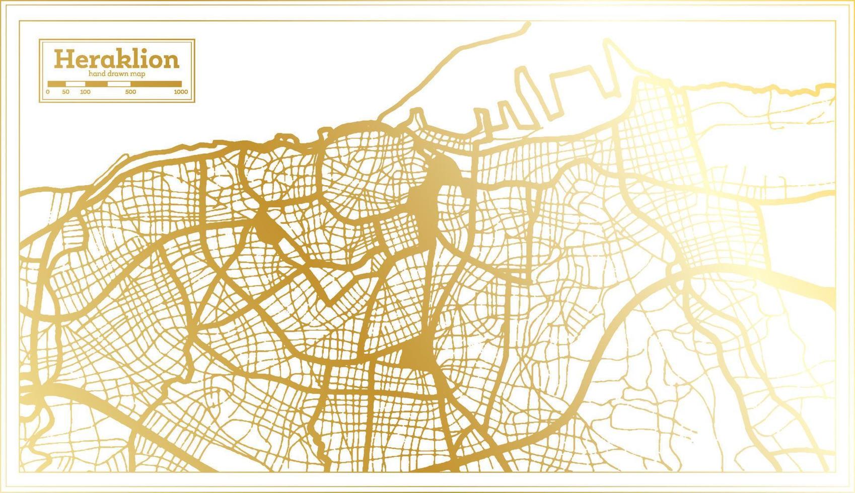 plan de la ville d'héraklion en grèce dans un style rétro de couleur dorée. carte muette. vecteur