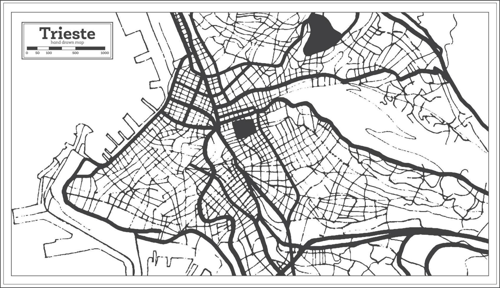 carte de la ville de trieste italie en noir et blanc dans un style rétro. carte muette. vecteur