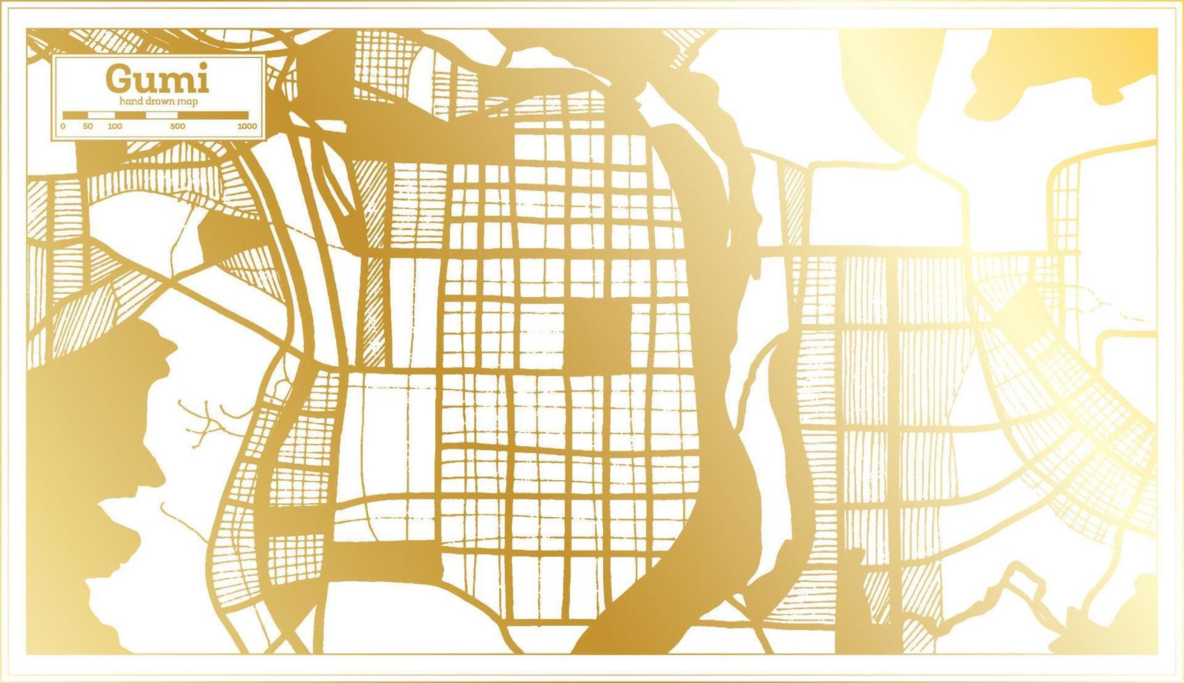 gumi carte de la ville de corée du sud dans un style rétro de couleur dorée. carte muette. vecteur