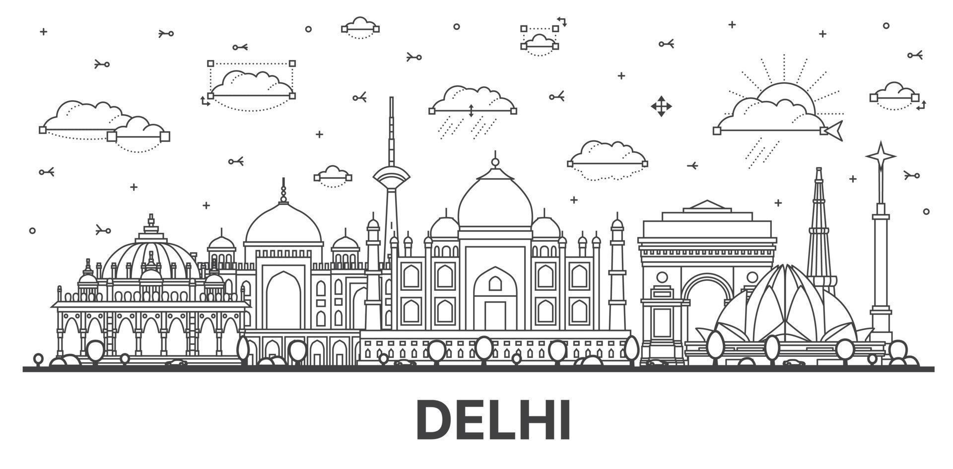 Décrire les toits de la ville de delhi en Inde avec des bâtiments historiques isolés sur blanc. vecteur
