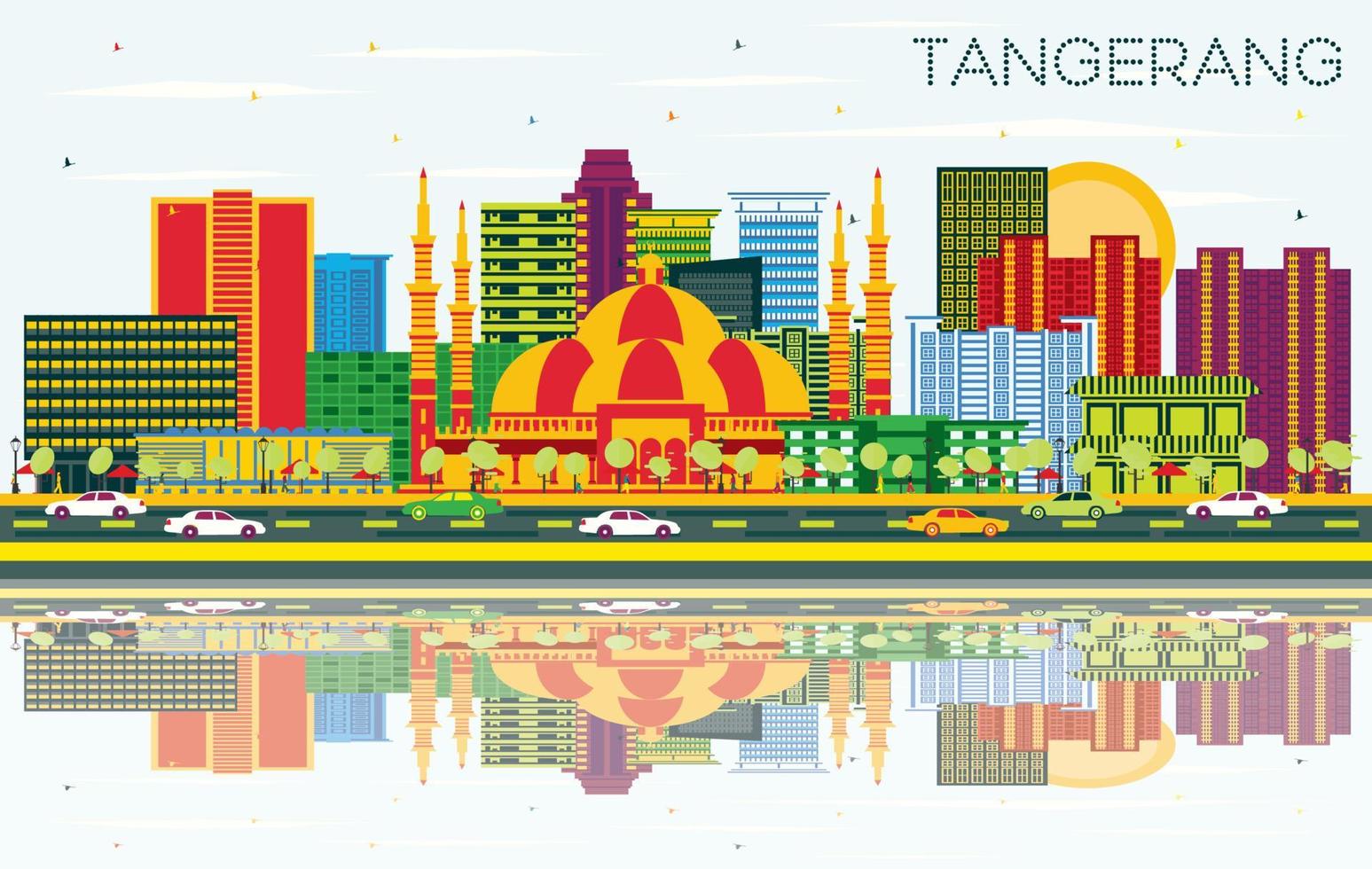 horizon de la ville de tangerang en indonésie avec des bâtiments de couleur, un ciel bleu et des reflets. vecteur