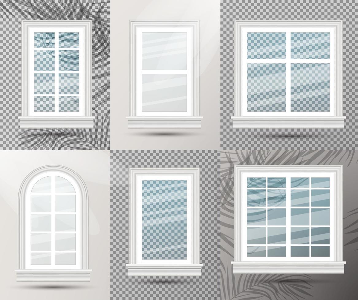 six fenêtres en verre réalistes fermées avec des ombres. illustration vectorielle. vecteur