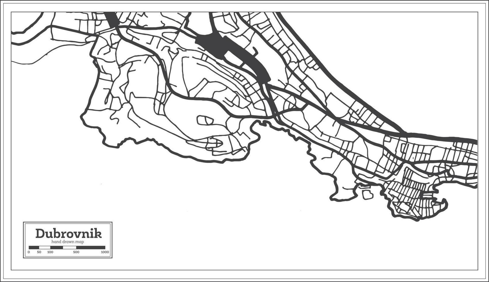 plan de la ville de dubrovnik croatie en noir et blanc dans un style rétro isolé sur blanc. vecteur