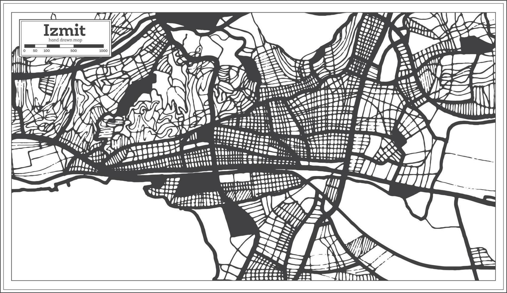 plan de la ville d'izmit turquie en noir et blanc dans un style rétro. carte muette. vecteur