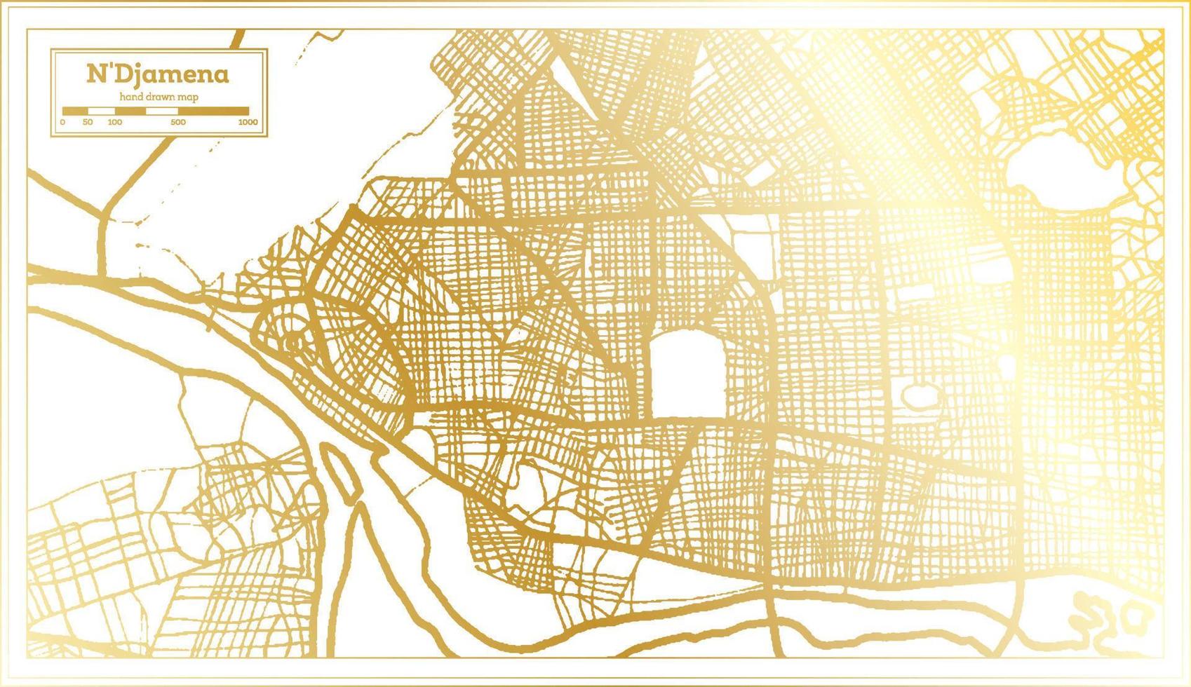 plan de la ville de n'djamena tchad dans un style rétro de couleur dorée. carte muette. vecteur