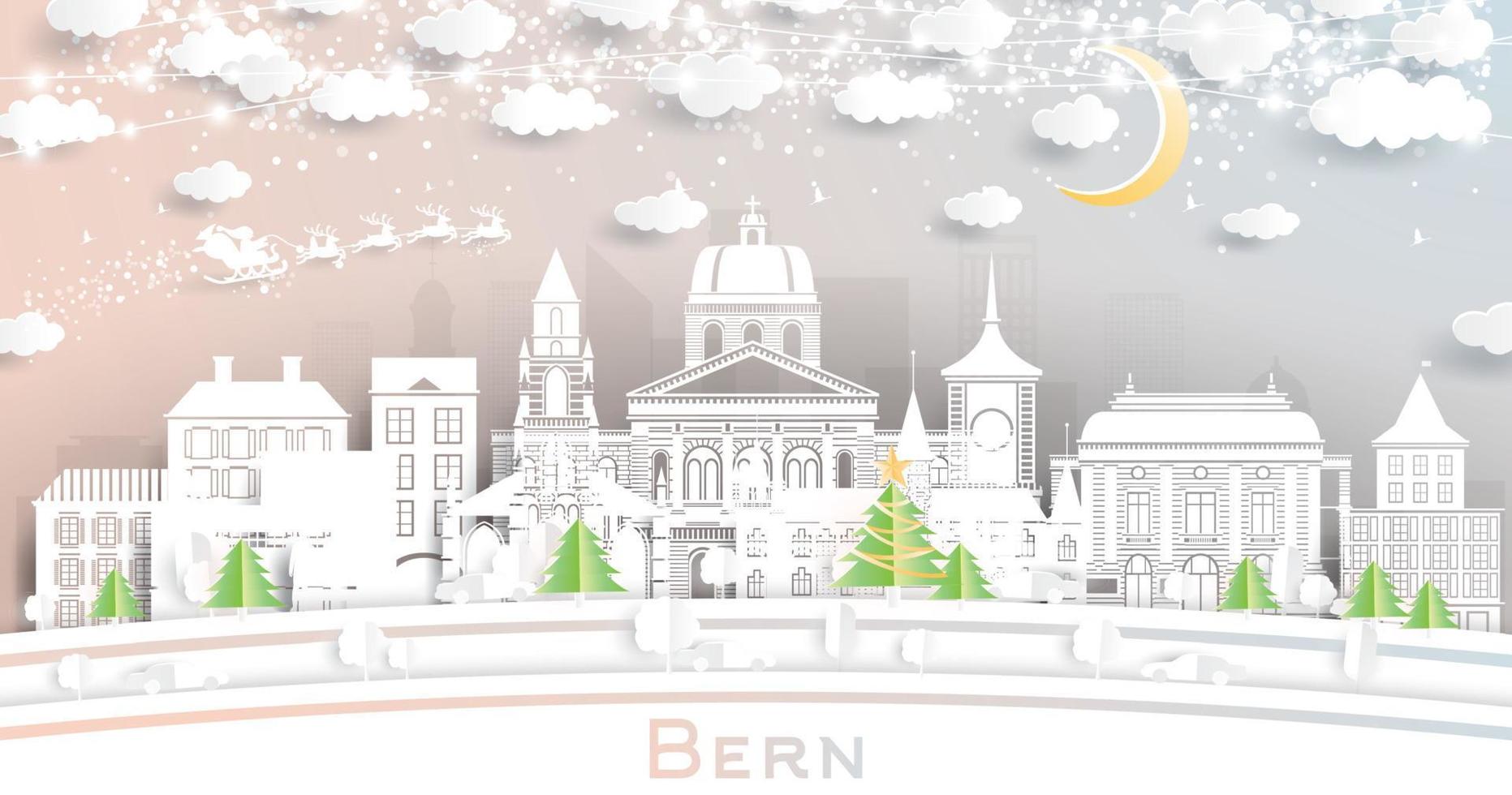 toits de la ville de berne suisse en papier découpé avec guirlande de flocons de neige, de lune et de néon. vecteur