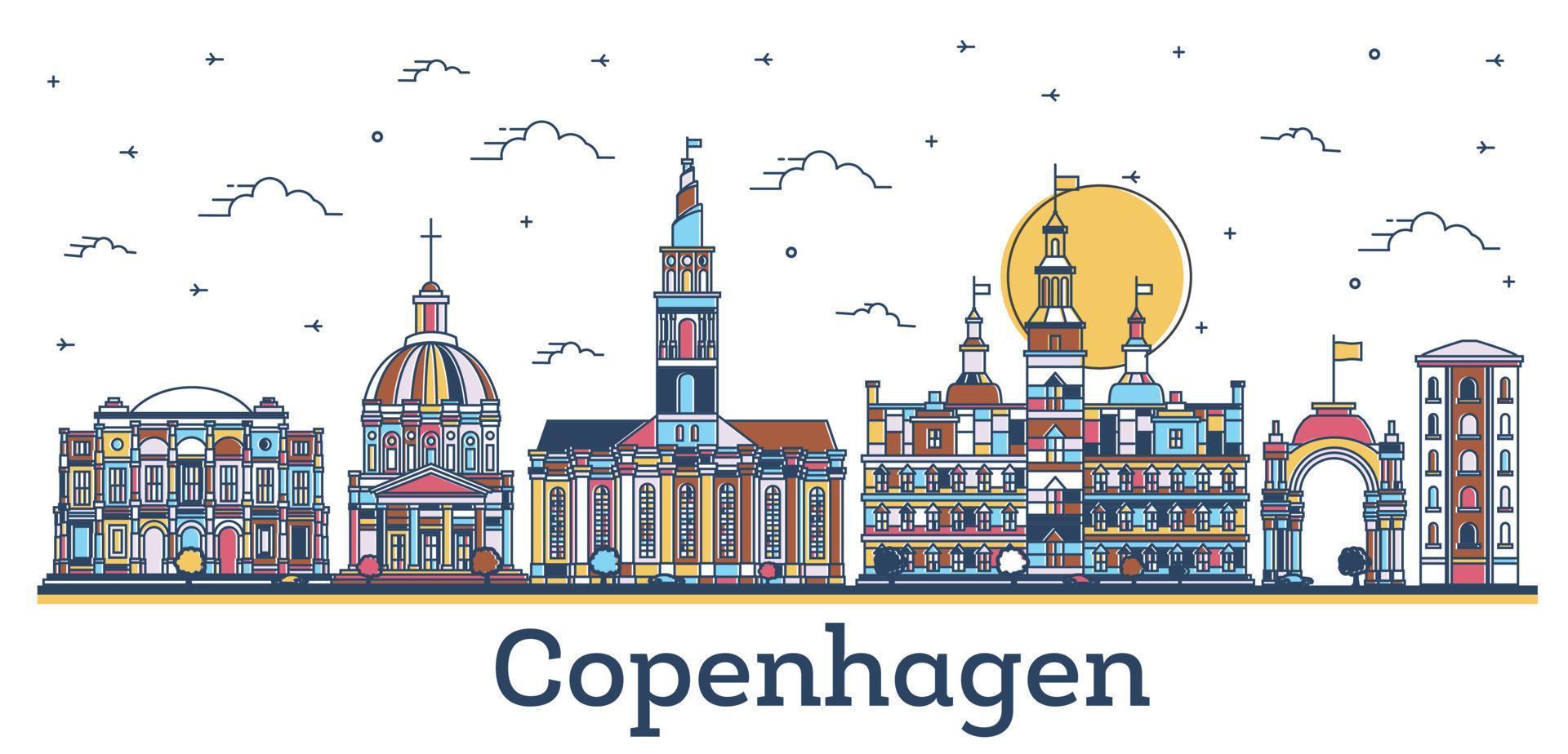 contour copenhague danemark toits de la ville avec des bâtiments historiques colorés isolés sur blanc. vecteur