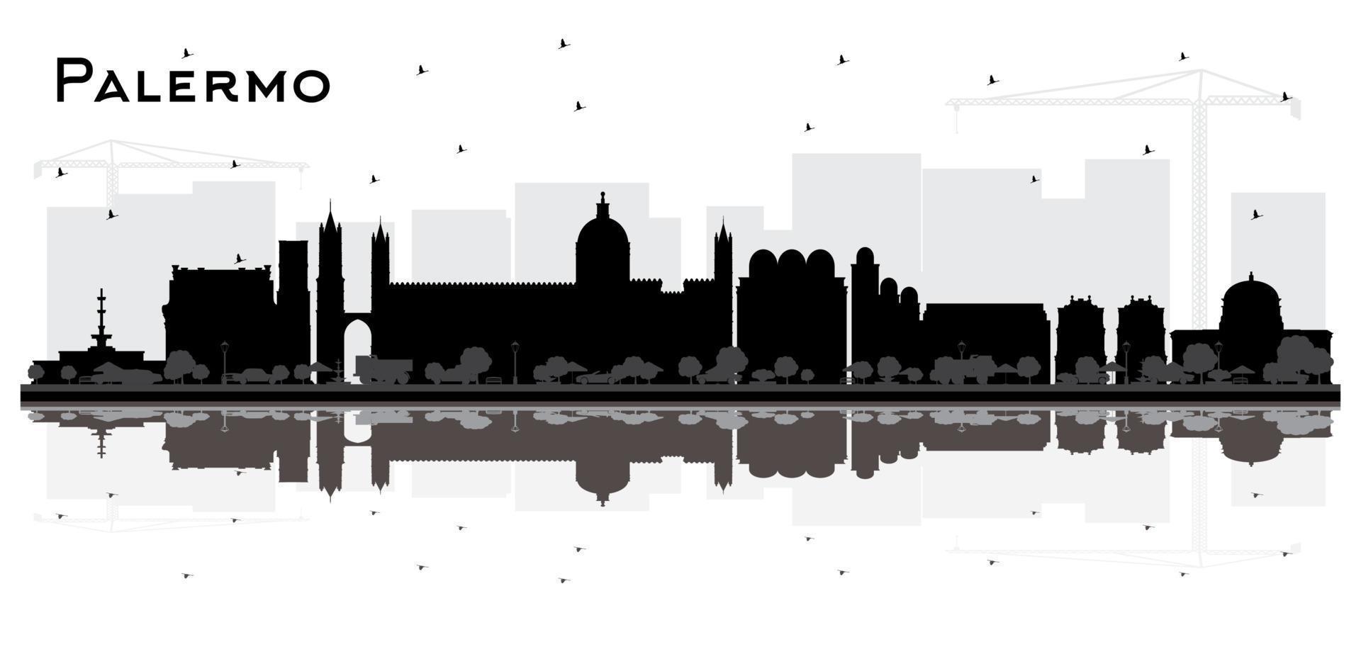 palerme italie silhouette d'horizon de la ville avec des bâtiments noirs et des reflets isolés sur blanc. vecteur