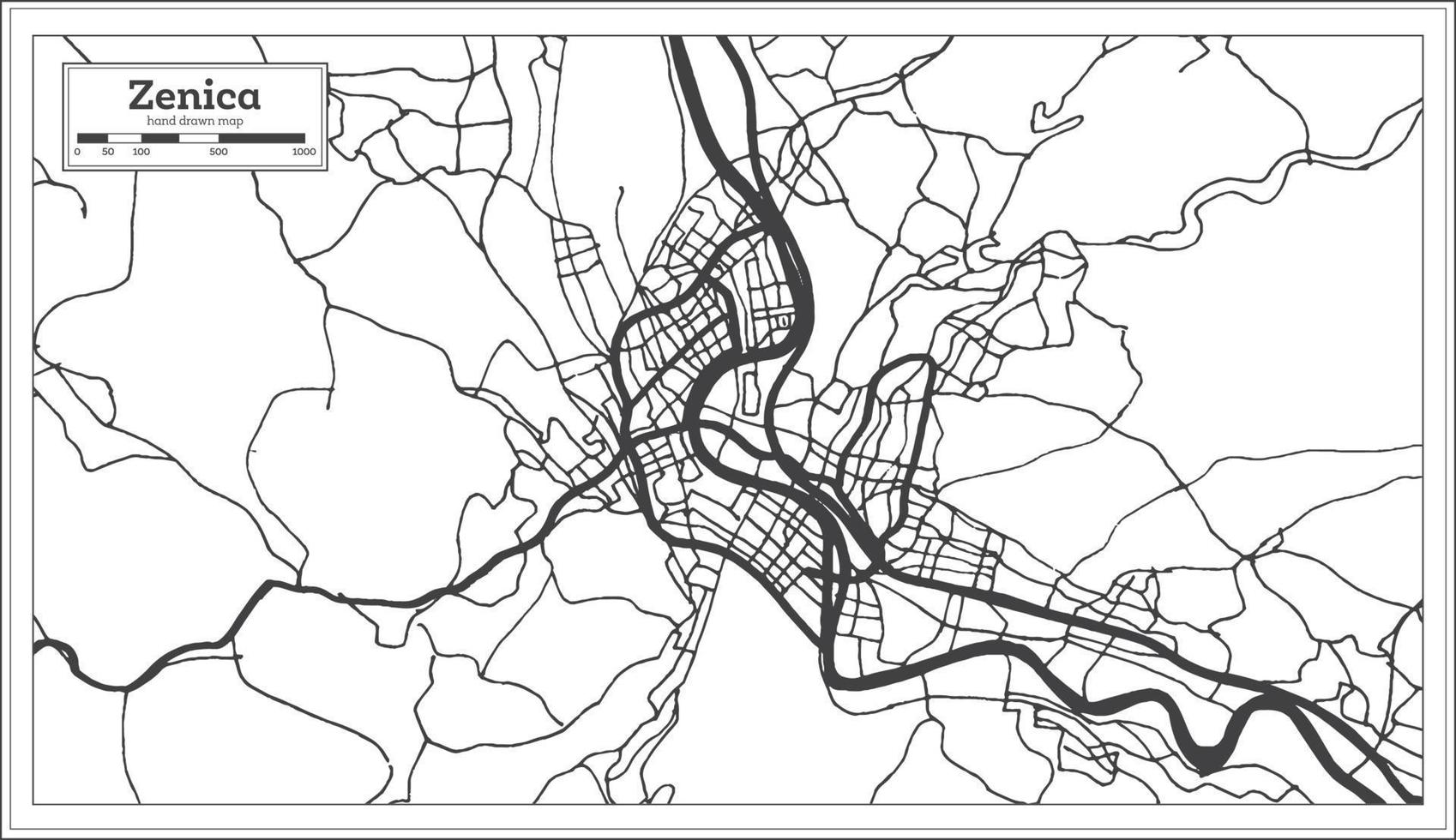 plan de la ville de zenica bosnie-herzégovine en noir et blanc dans un style rétro isolé sur blanc. vecteur