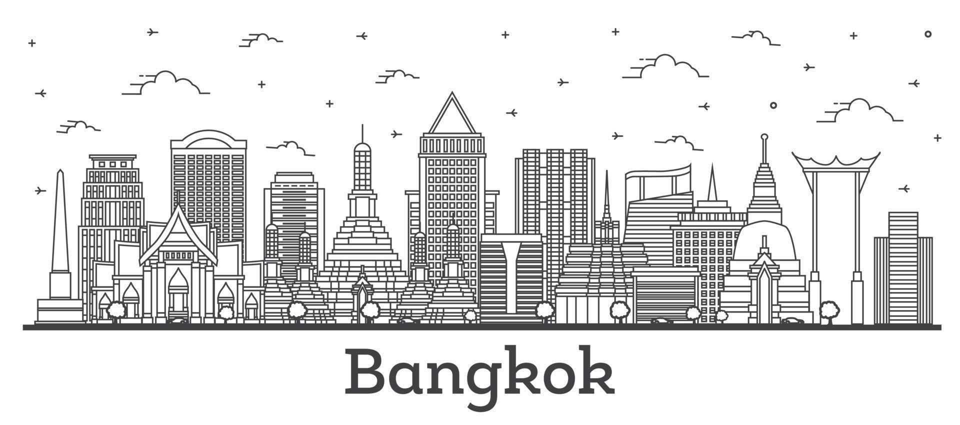 contour de la ville de bangkok en thaïlande avec des bâtiments modernes et historiques isolés sur blanc. vecteur