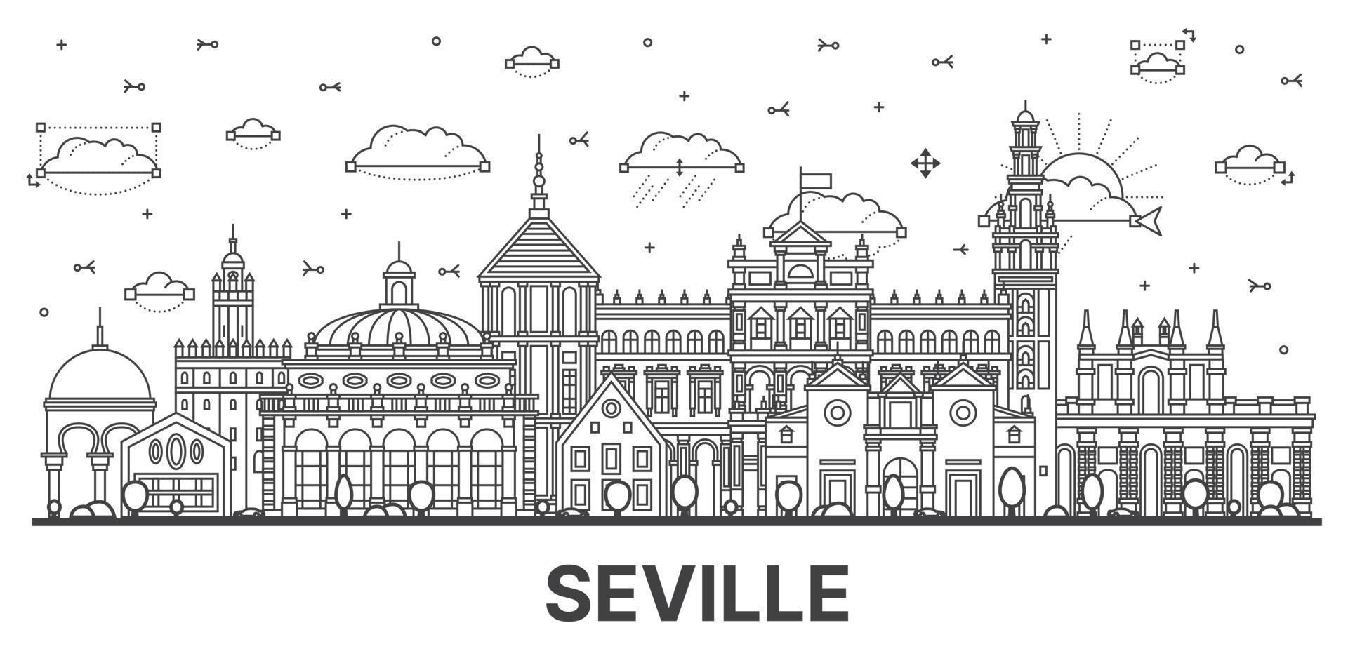 contours de la ville de séville en espagne avec des bâtiments historiques isolés sur blanc. vecteur