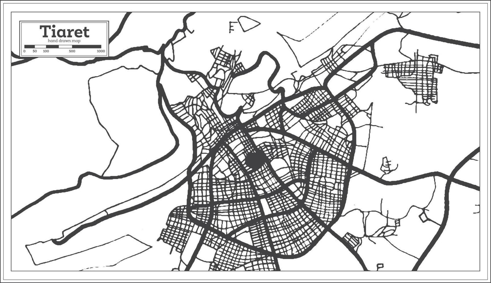 plan de la ville de tiaret algérie dans un style rétro en couleur noir et blanc. carte muette. vecteur