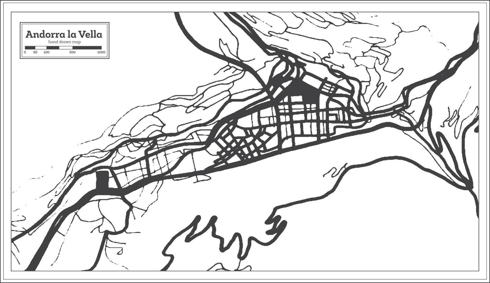 carte de la ville d'Andorre-la-Vieille en couleur noir et blanc dans un style rétro isolé sur blanc. vecteur