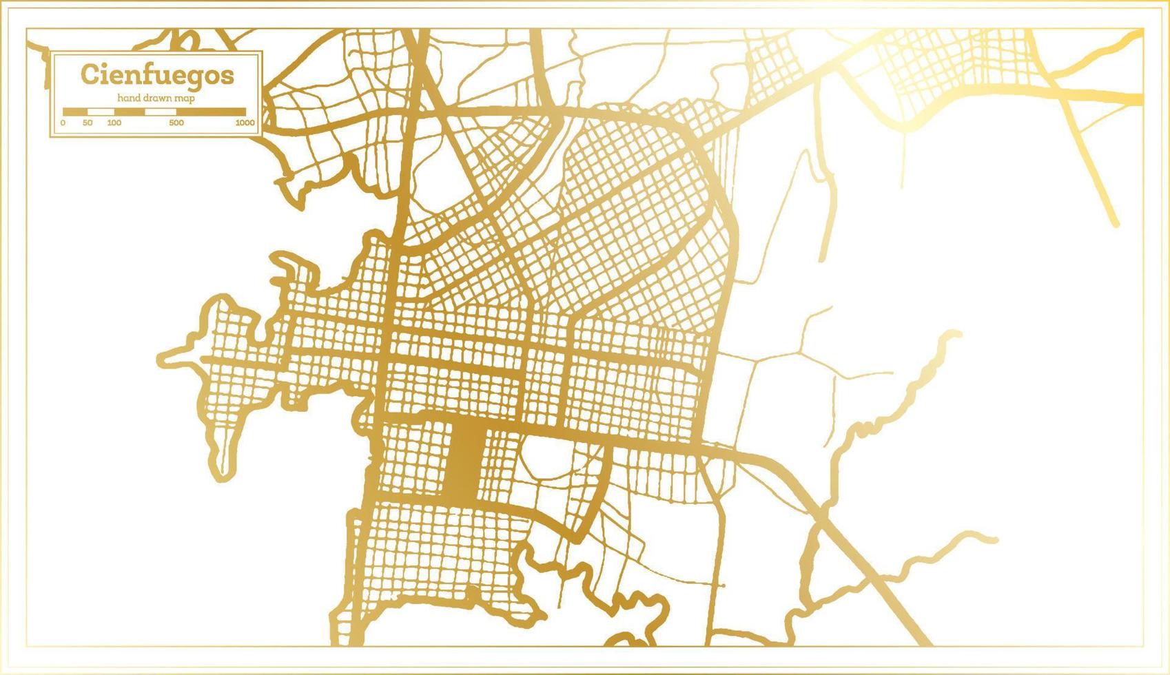 plan de la ville de cienfuegos cuba dans un style rétro de couleur dorée. carte muette. vecteur