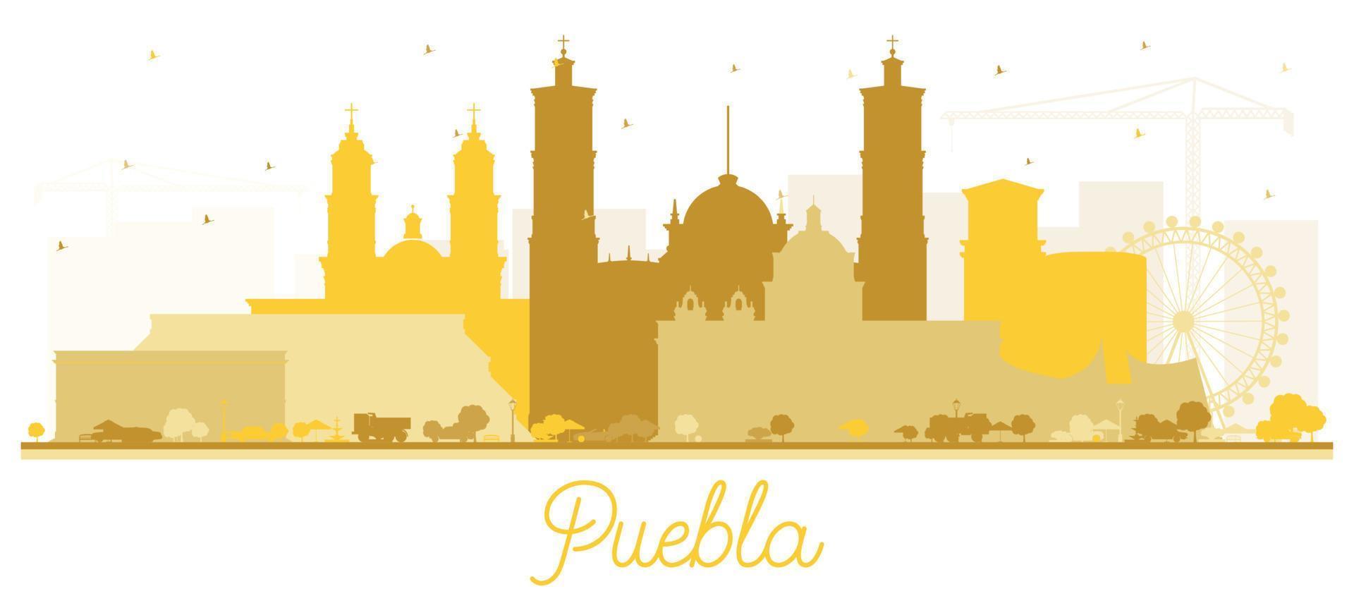 puebla mexico silhouette d'horizon de la ville avec des bâtiments dorés isolés sur blanc. vecteur