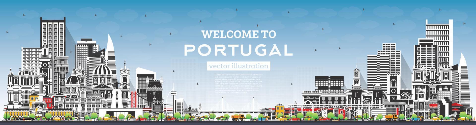 bienvenue au portugal. toits de la ville avec des bâtiments gris et un ciel bleu. vecteur