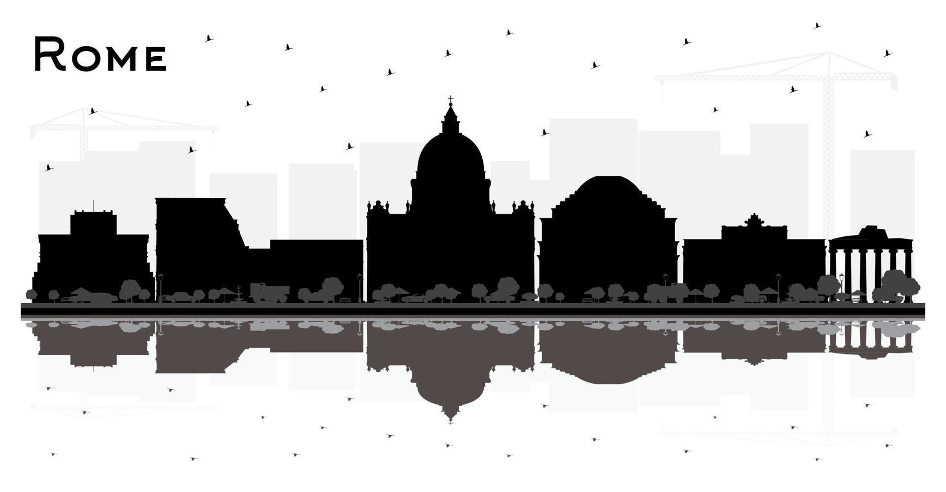 silhouette de la ville de rome italie avec des bâtiments noirs et des reflets isolés sur blanc. vecteur