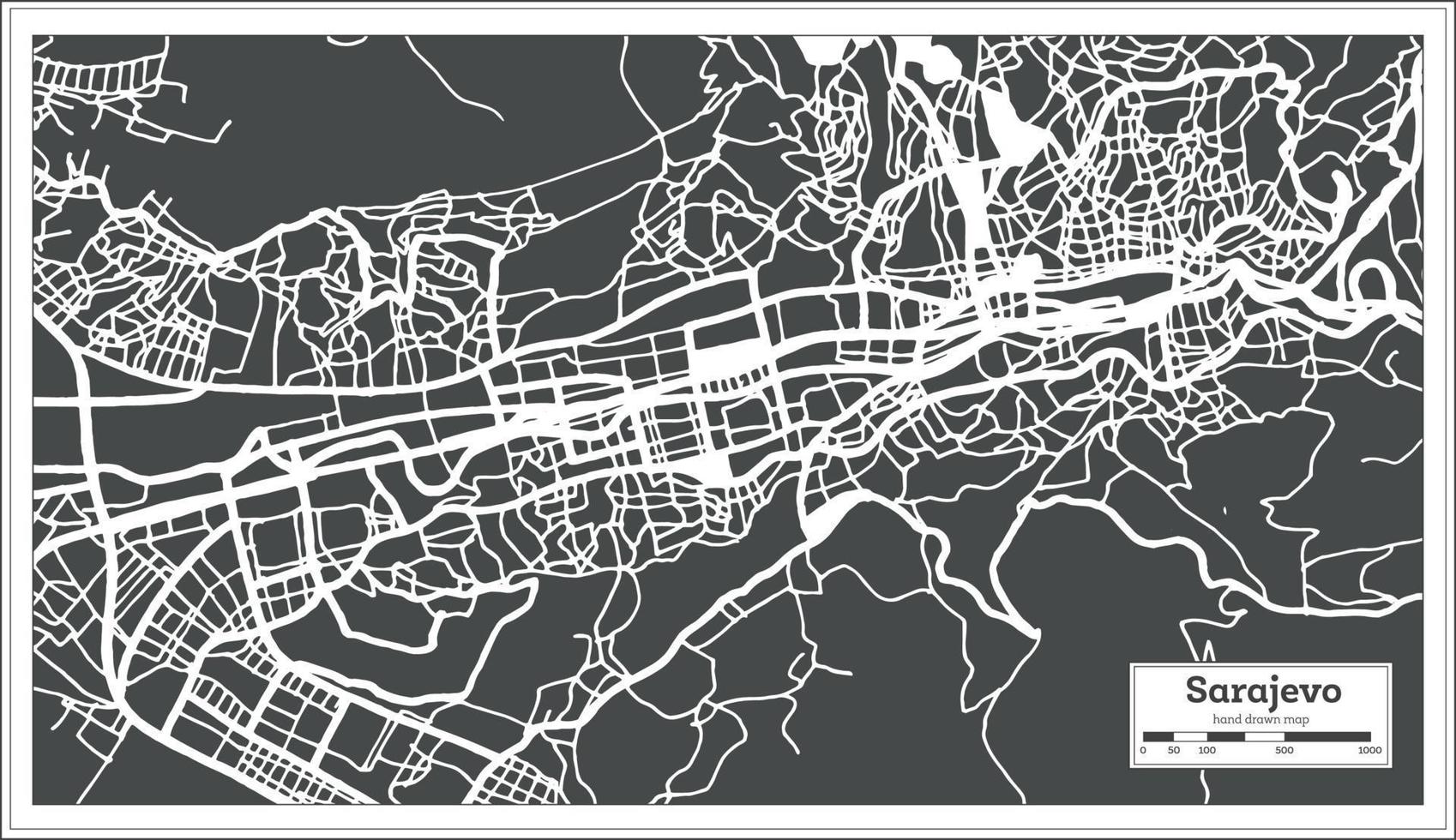 carte de la ville de sarajevo bosnie-herzégovine en noir et blanc dans un style rétro. carte muette. vecteur