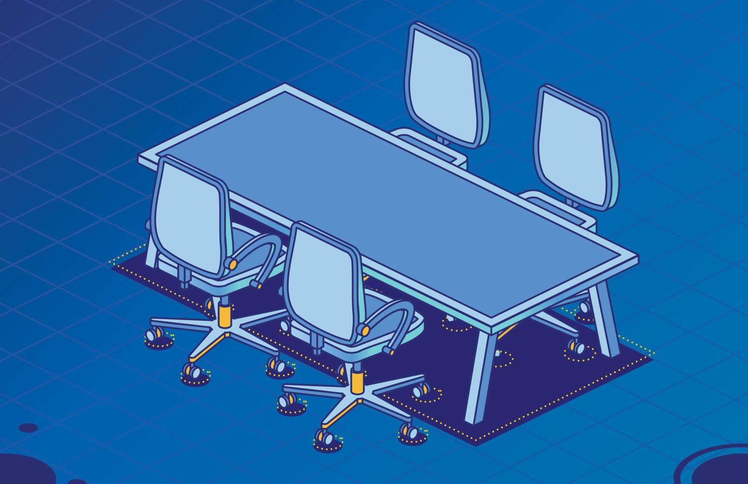 quatre chaises de bureau isométriques sur roulettes et table moderne à quatre pieds. vecteur