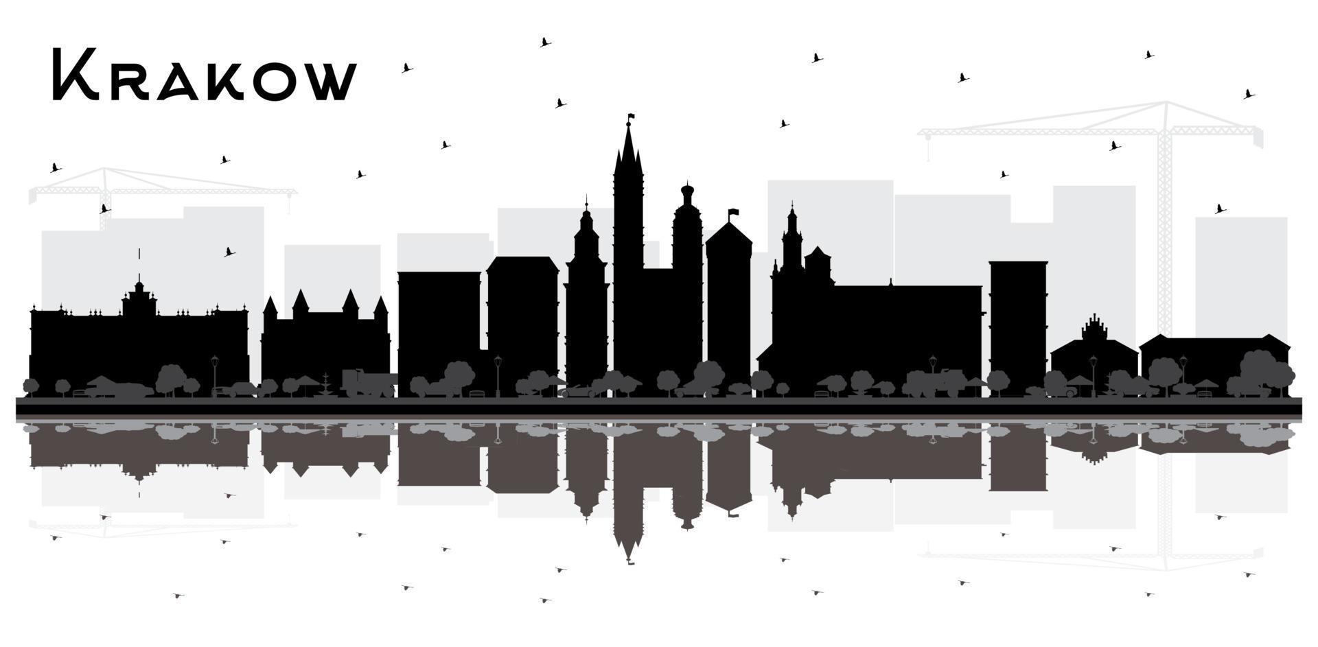 cracovie pologne silhouette d'horizon de la ville avec des bâtiments noirs et des reflets isolés sur blanc. vecteur