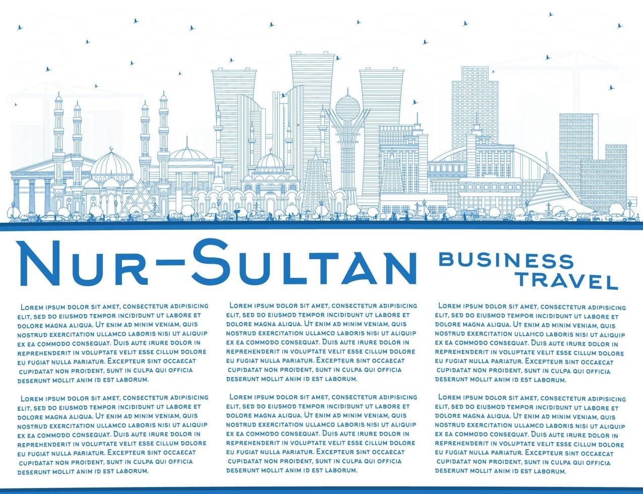 contour de la ville de nur-sultan kazakhstan avec des bâtiments bleus et un espace de copie. vecteur
